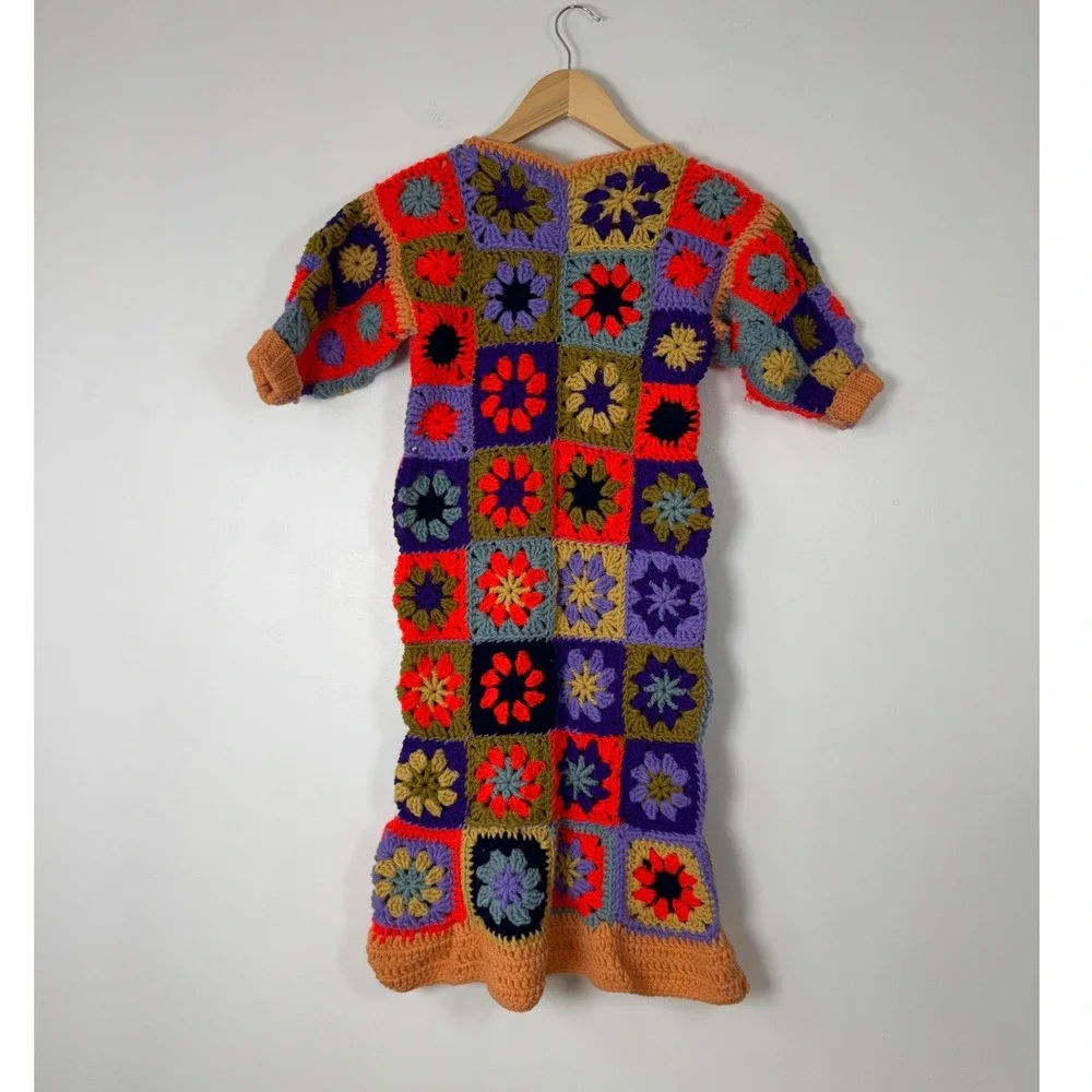 Boho Handmade Women XS/S Granny Square‎ Crochet Dress Multicolor Patchwork Retro